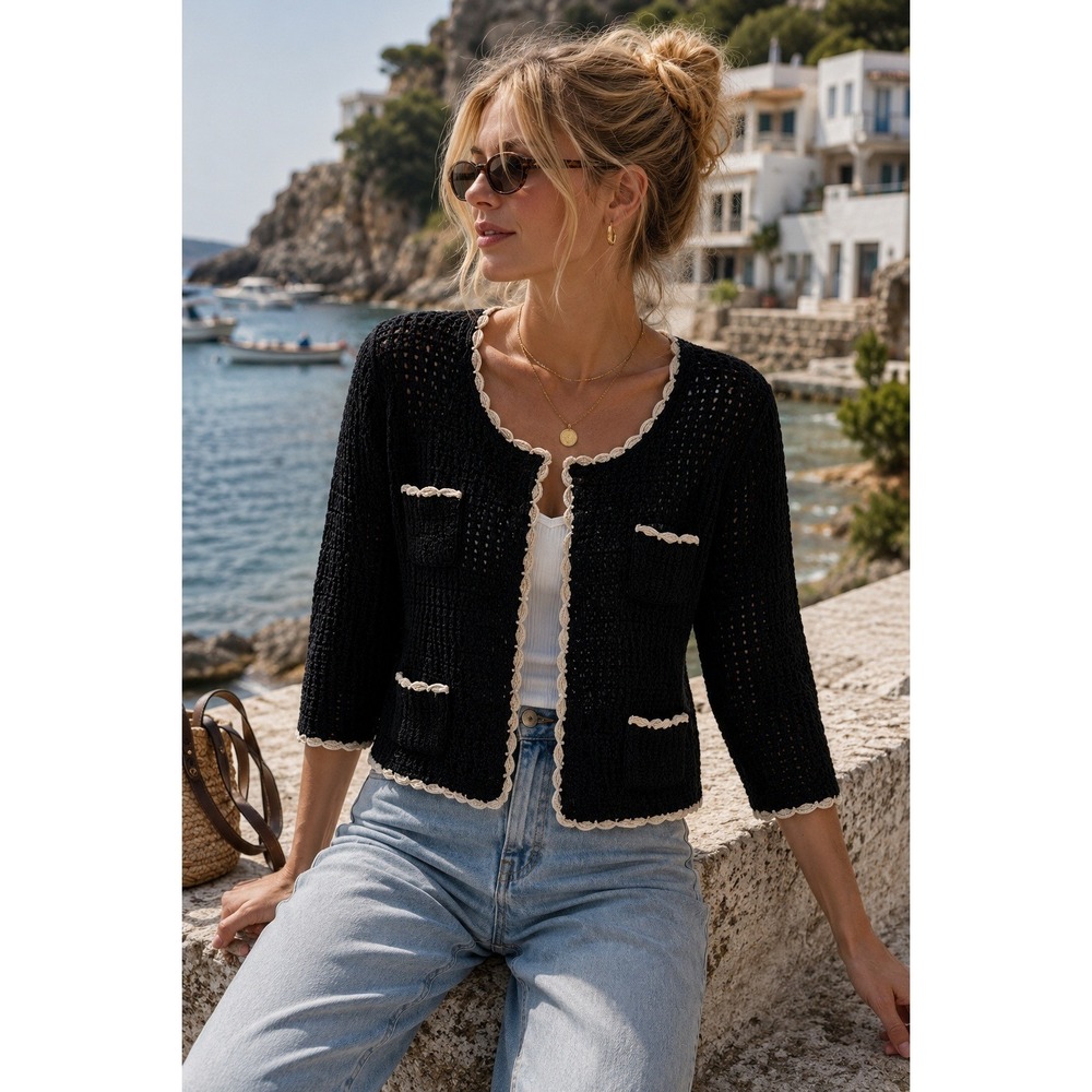 INC International Concepts Black Cropped Knit Cardigan with Cream Trim